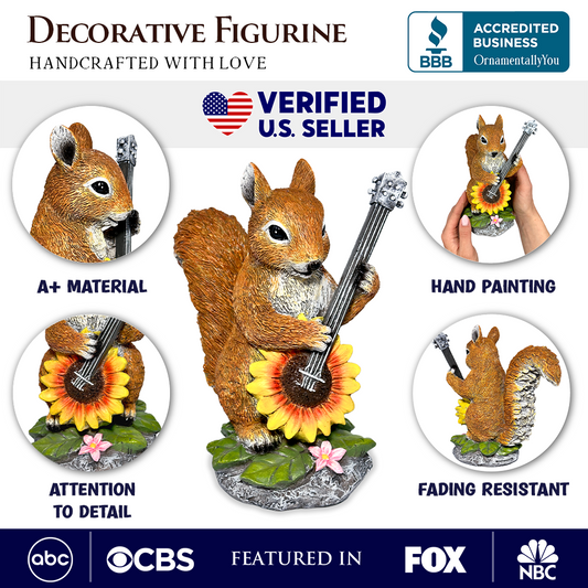 Melody of the Meadow Squirrel Garden Statue, 8" Sunflower Banjo Outdoor Decor