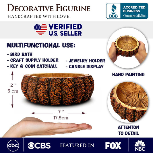 Nature's Basin Tree Bark Themed Bowl, 6" Resin Woodlandbasin Bird Bath Decor