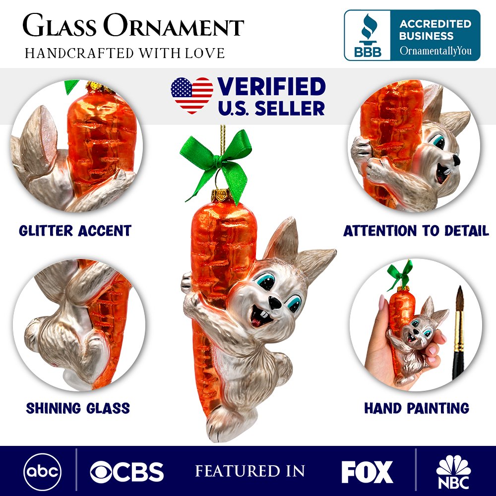 Playful Bunny Hanging on Carrot Glass Ornament, Christmas Gift for Kids