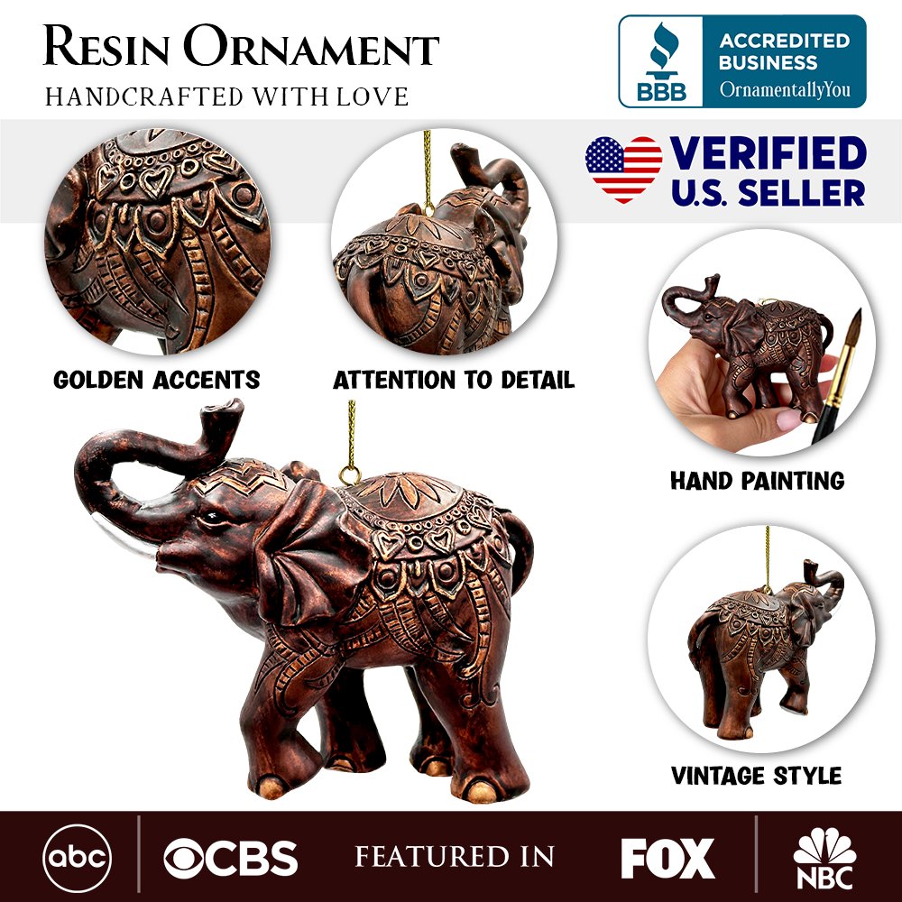 Boho Elephant Ornament, Exotic Resin Christmas Tree Decor