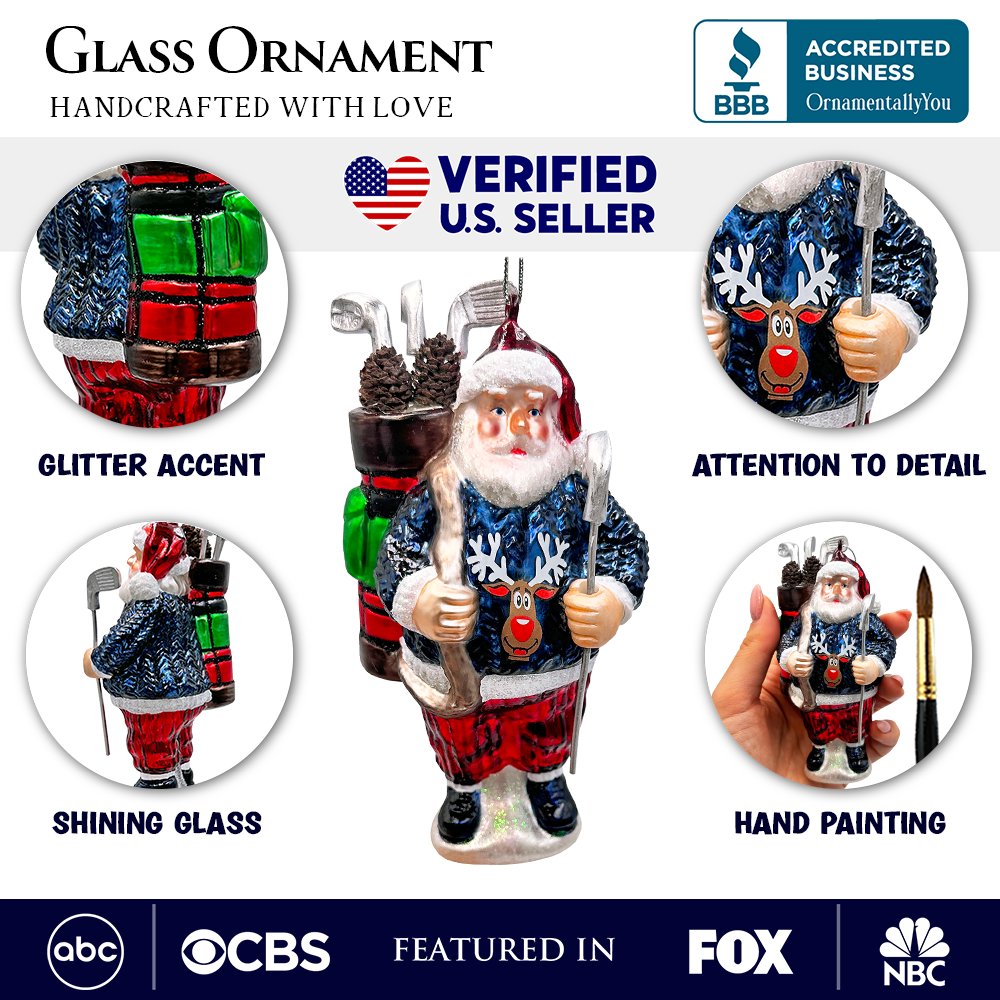 Santa Golfer Glass Christmas Ornament, Golf Holiday Tree Decor