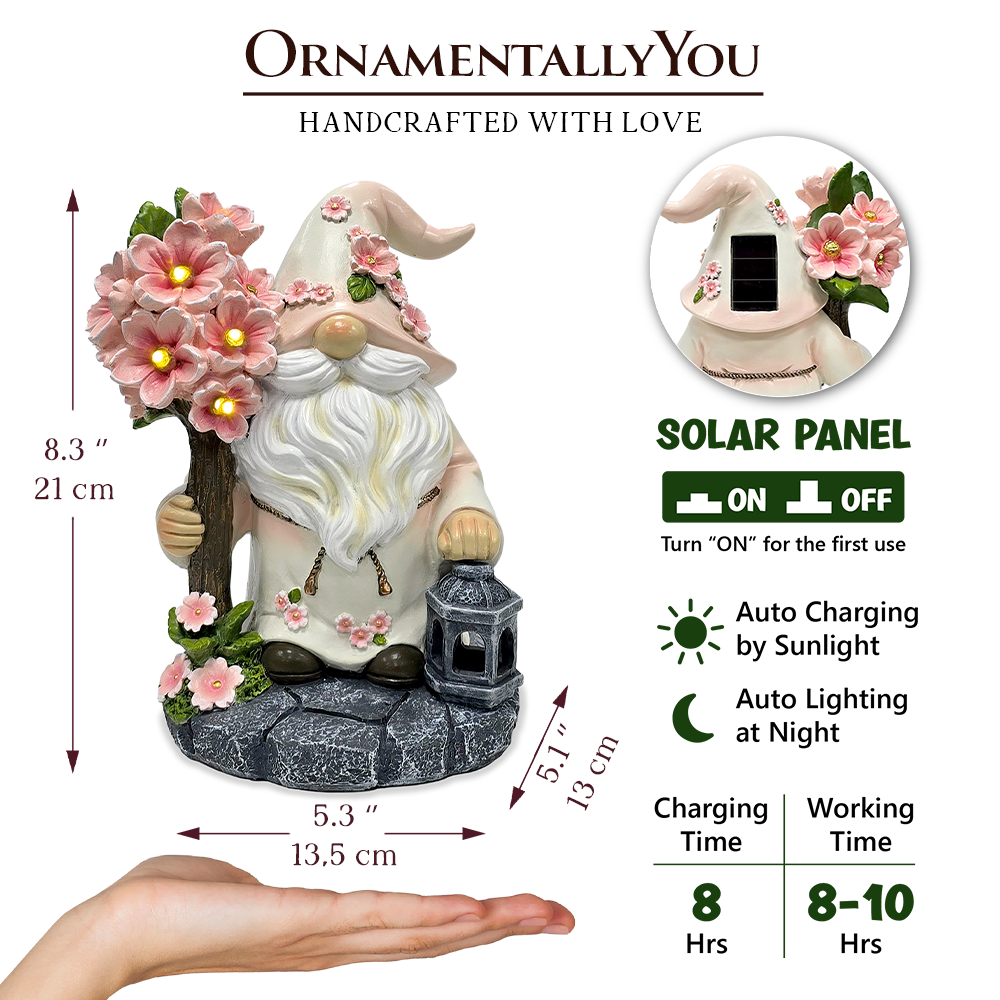 Cherry Blossom Gnome Solar Garden Statue, 8" Figurine and Floral Outdoor Decor
