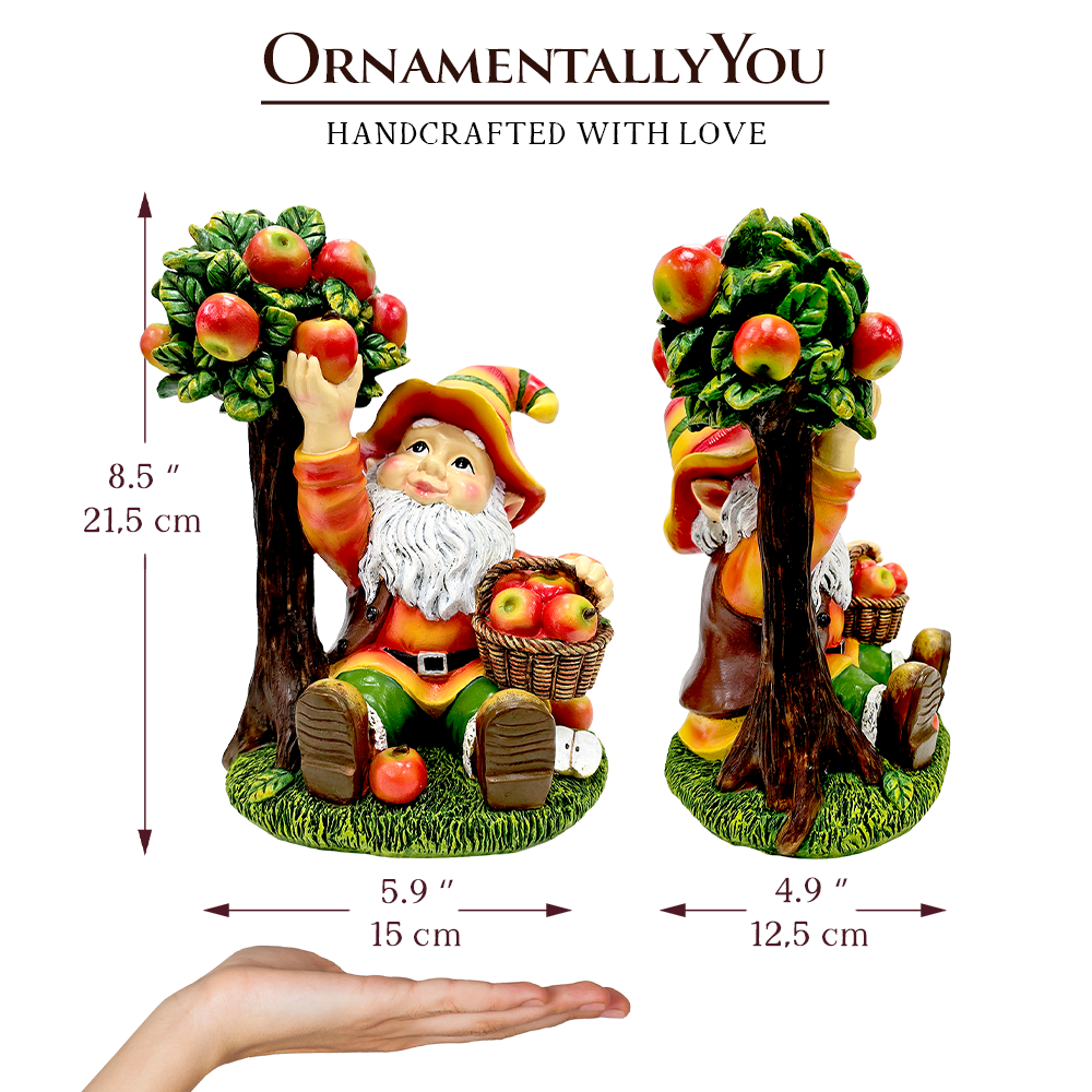 Johnny Apple Gnome Cute Garden Statue, 9" Orchid Picker Whimsical Dwarf Figurine