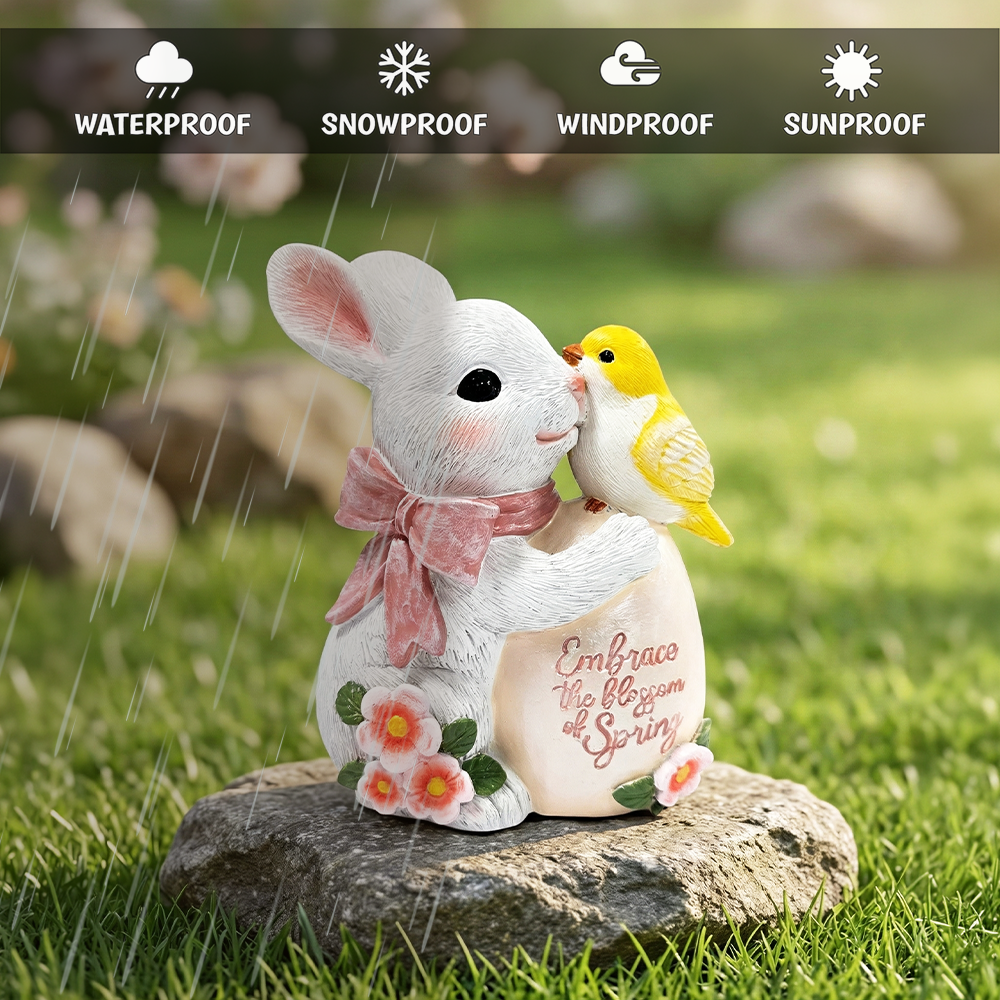 Bunny and Yellow Bird Easter Garden Statue, 7" Spring Rabbit Figurine Outdoor Decor
