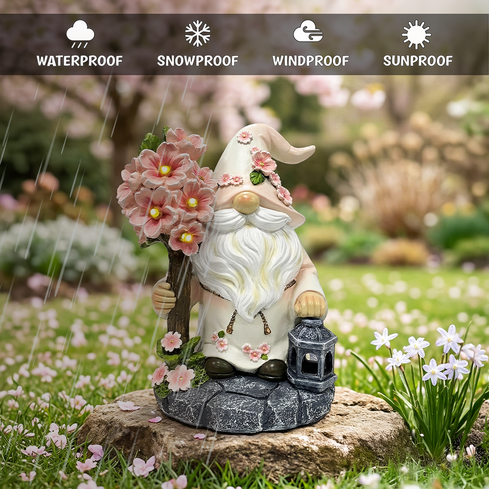 Cherry Blossom Gnome Solar Garden Statue, 8" Figurine and Floral Outdoor Decor