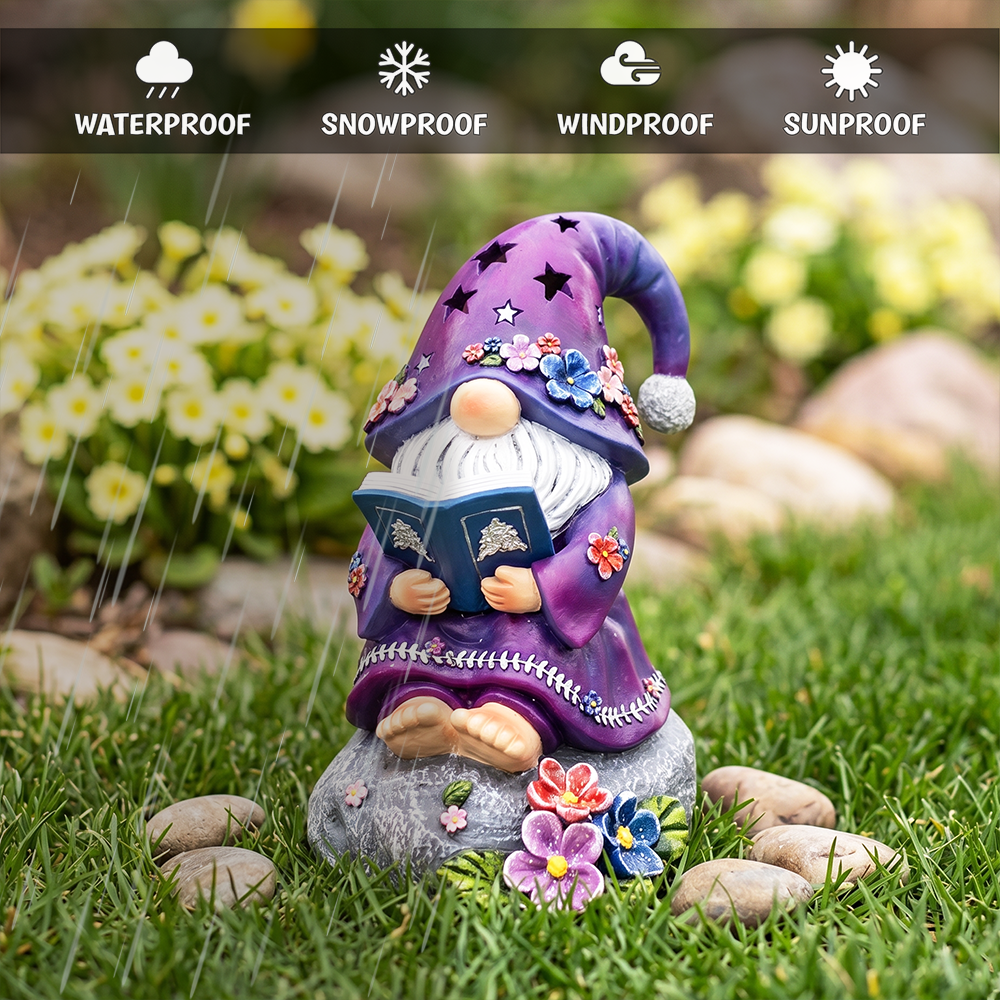Enchanted Wisdom Solar Book Reader Gnome Figurine, 8" Lighted Lavender Purple Garden Statue