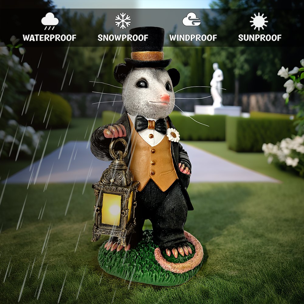 Gentleman Opossum the Victorian Nightcrawler with Solar Powered Lamp Statue, 13" Lighted Garden Statue