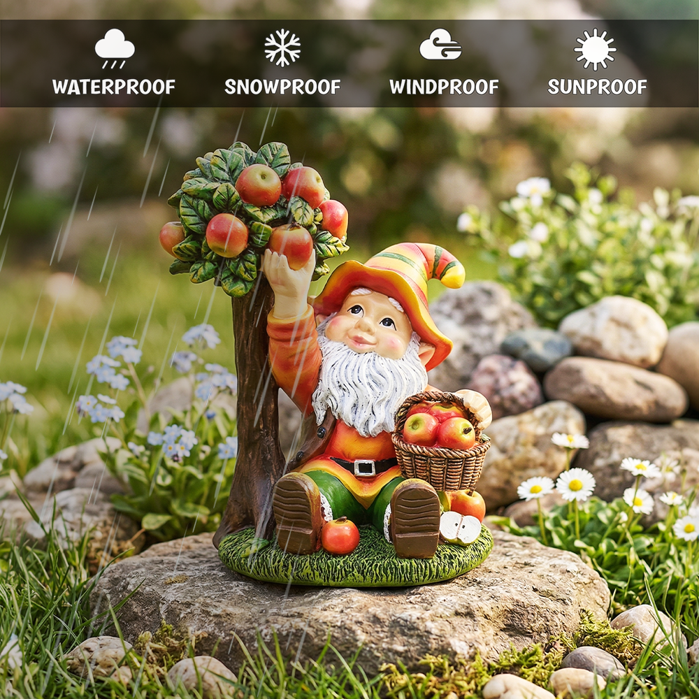 Johnny Apple Gnome Cute Garden Statue, 9" Orchid Picker Whimsical Dwarf Figurine