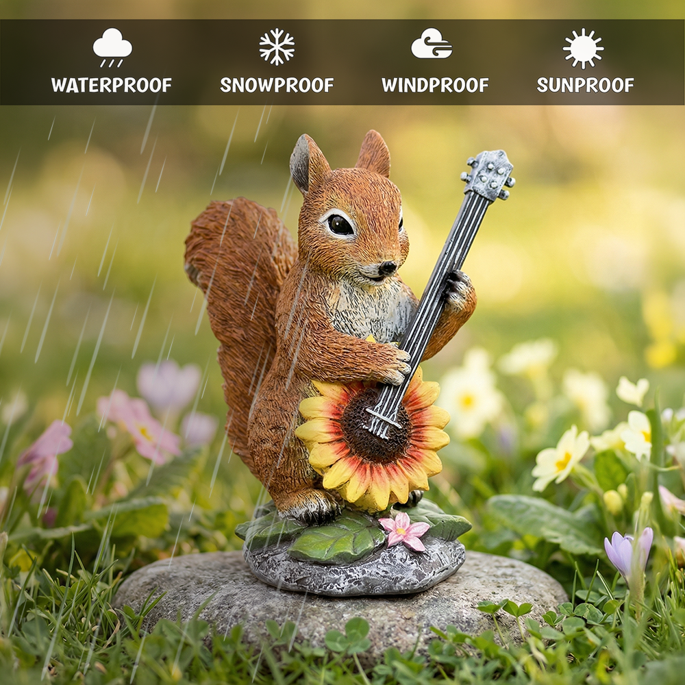 Melody of the Meadow Squirrel Garden Statue, 8" Sunflower Banjo Outdoor Decor