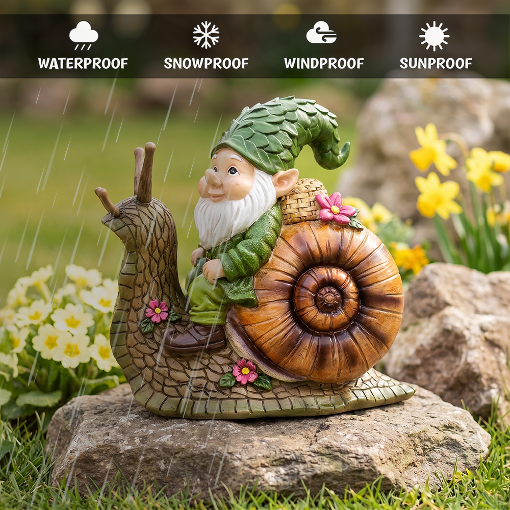 The Snailbound Gnome Cute Verdant Garden Statue, 10" Outdoor Yard or Forest Snail Decoration