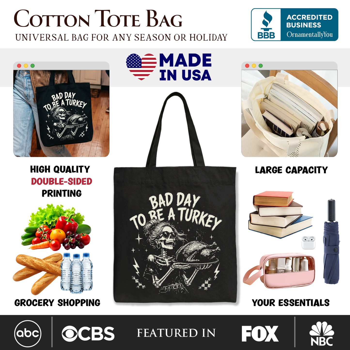 Bad Day to Be a Turkey Tote Bag, Funny Vintage Thanksgiving Skeleton Gift Shopper