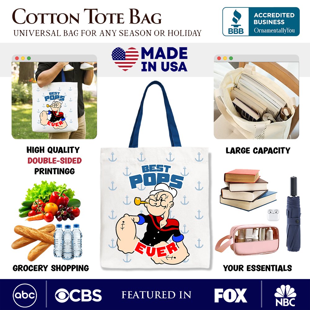 Best Pops Ever Canvas Tote Bag, Classic Popeye the Sailorman Dad Gift Bag for Fun and Strong Dads