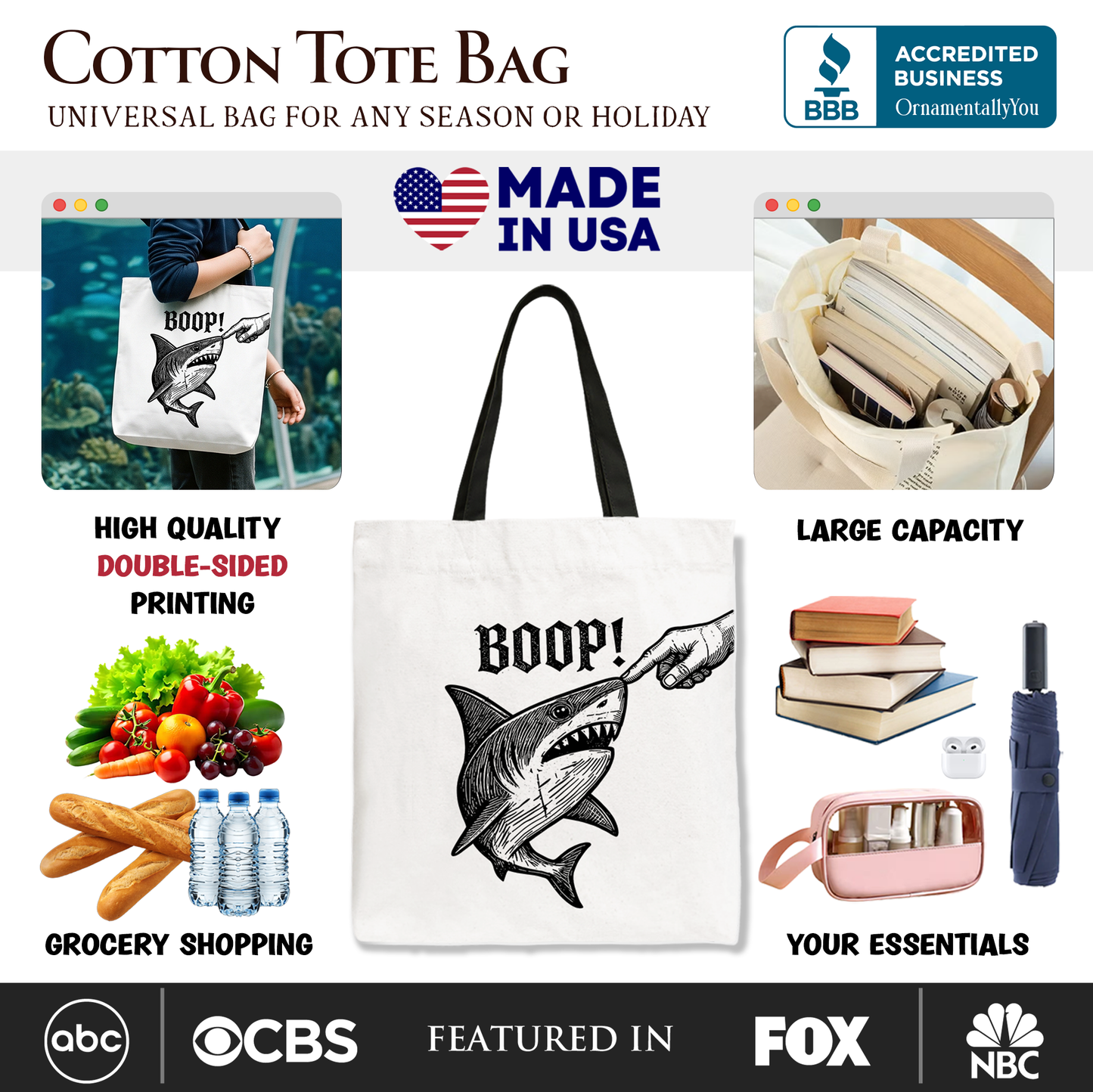 Boop Shark Tote Bag, Funny Ocean Gift Shopper Animal Gift Shopper