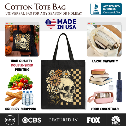 Checkered Floral Skeleton Tote Bag, Vintage Skull Daisy Halloween Gift Shopper
