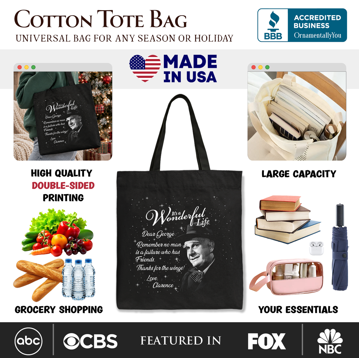 Clarence the Angel Dear George Quote Christmas Tote Bag, Wonderful Life Gift Shopper