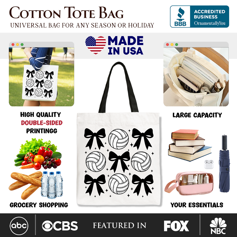Coquette Volleyball Bows Canvas Tote Bag, Cute Athletic Sports Game Day Gift Shopper