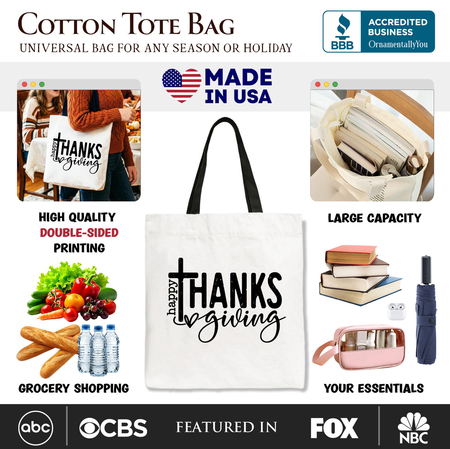 Happy Thanksgiving Minimalist Tote Bag, Christian Religious Fall Gift Shopper