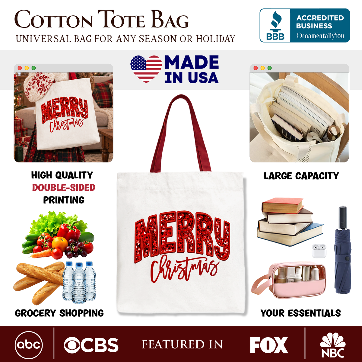 Merry Christmas Sequin Tote Bag, Bold Red Glitter Gift Shopper for Festive Holiday Season