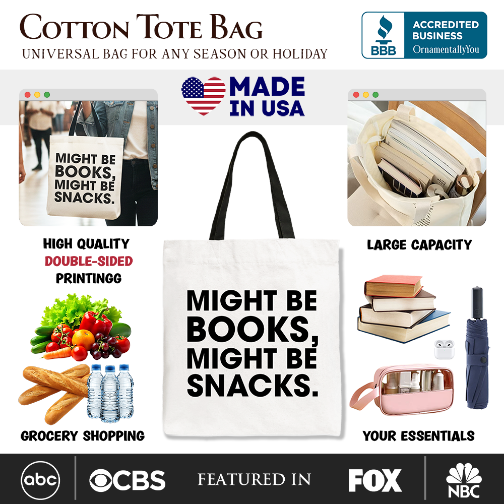 Might Be Books Might be Snacks Canvas Tote Bag, Minimalist Gift Shopper for Bookworms