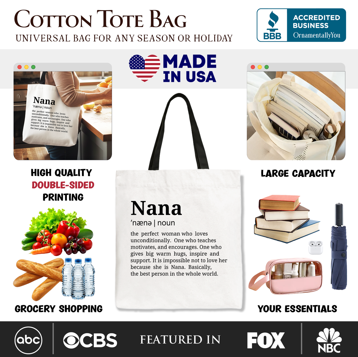 Nana Definition Canvas Tote Bag, Funny Grandmother Gift Shopper