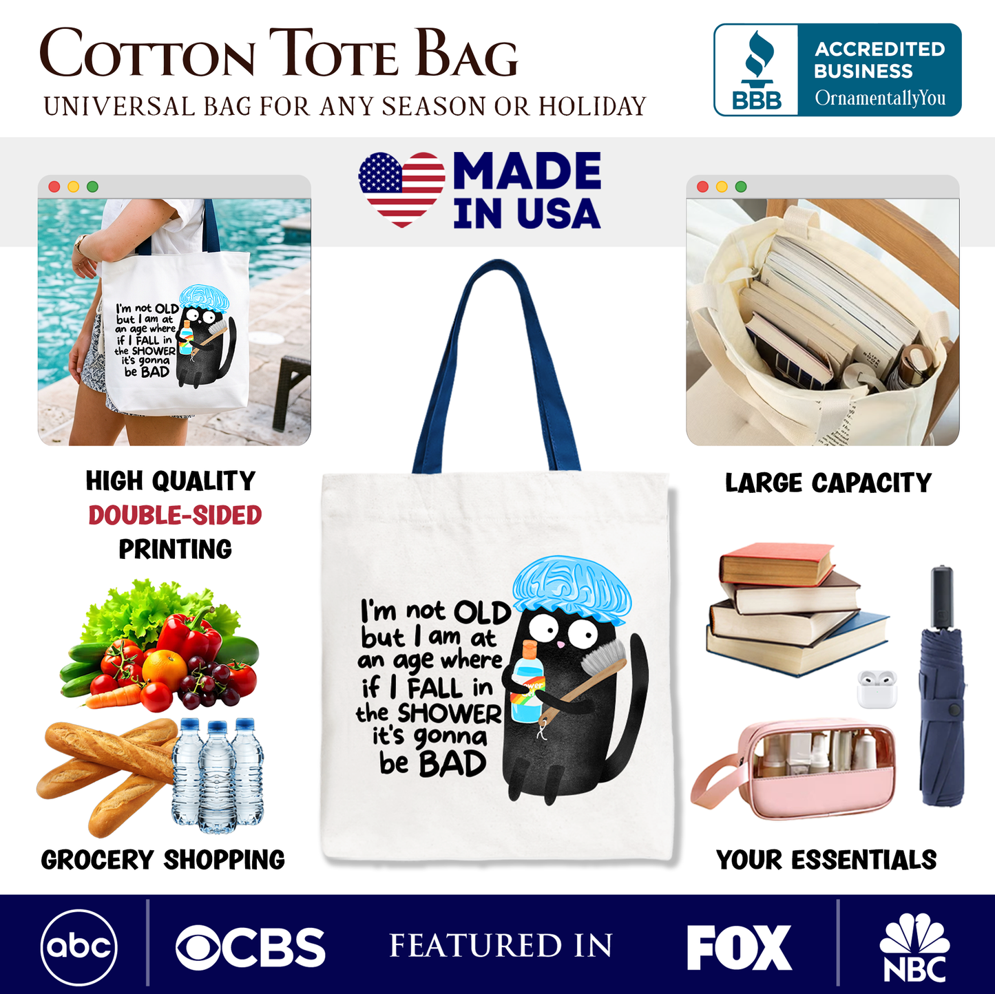 Old Black Cat Sarcastic Tote Bag, Funny Shower Phrase Gift Shopper