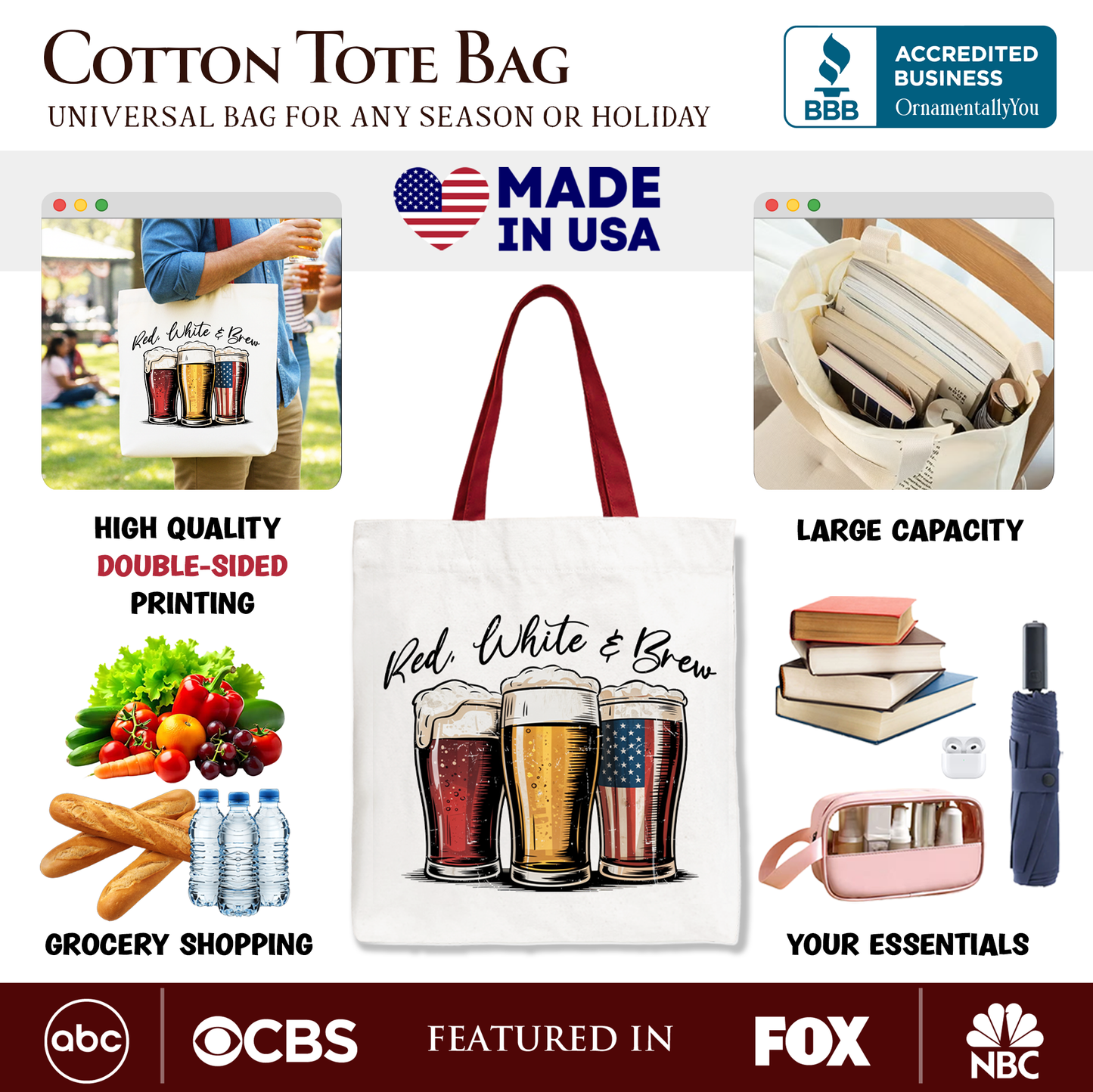 Red White and Brew Beer American Tote Bag, Patriotic USA 4th of July Gift Shopper
