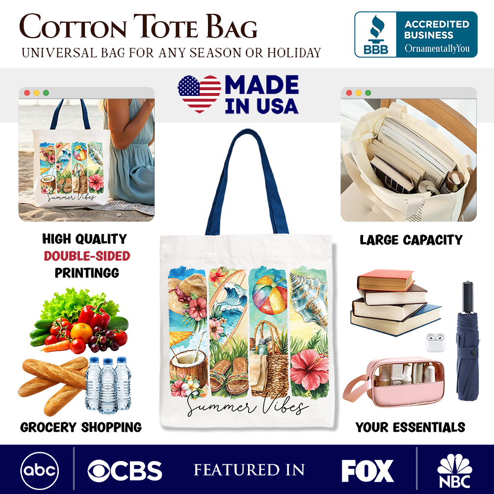 Summer Vibes Canvas Tote Bag, Beach Gift Shopper with Coconut and Flowers