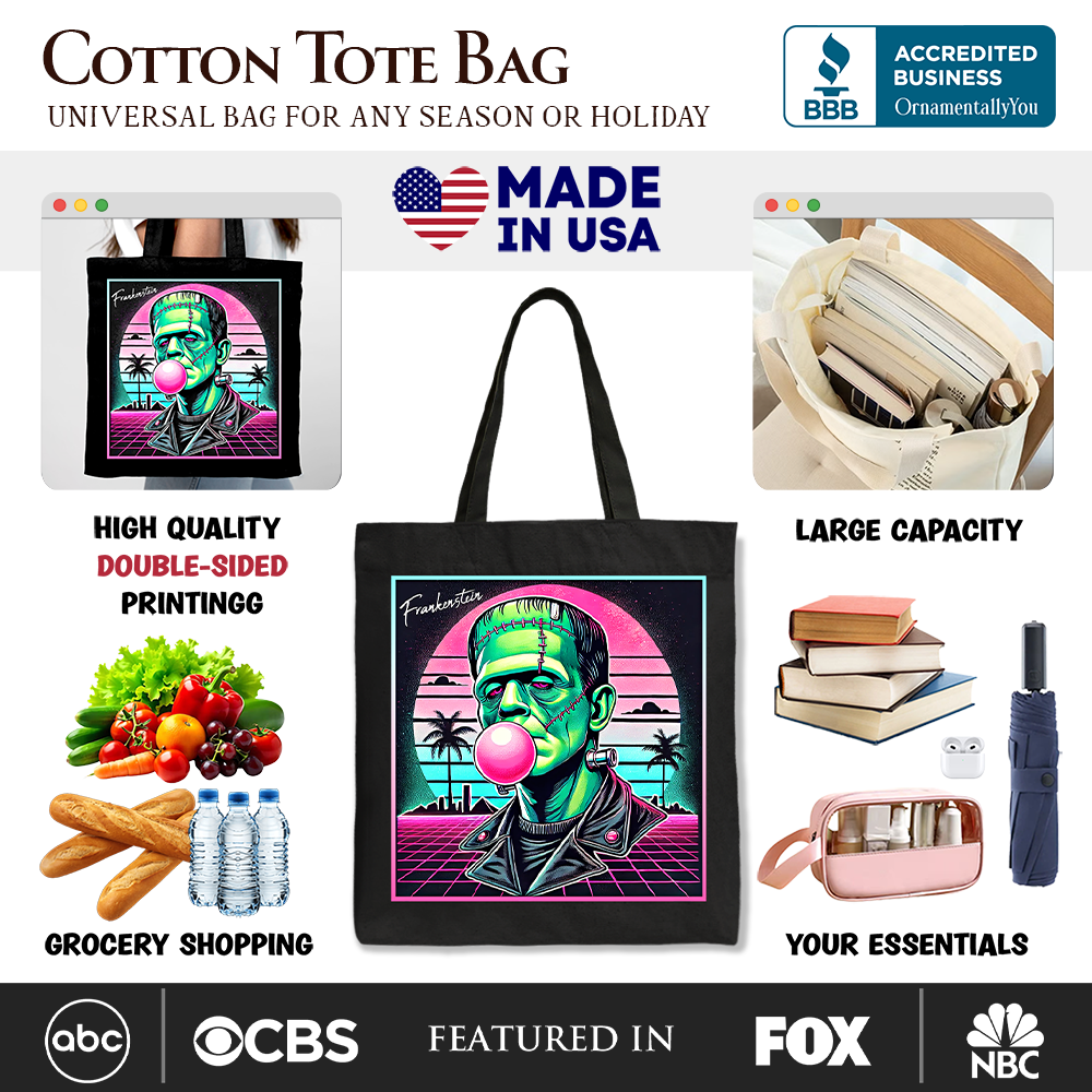 Vaperwave Frankenstein Retro Neon Horror Canvas Tote Bag, Synthwave 80's Styled Classic Halloween Gift