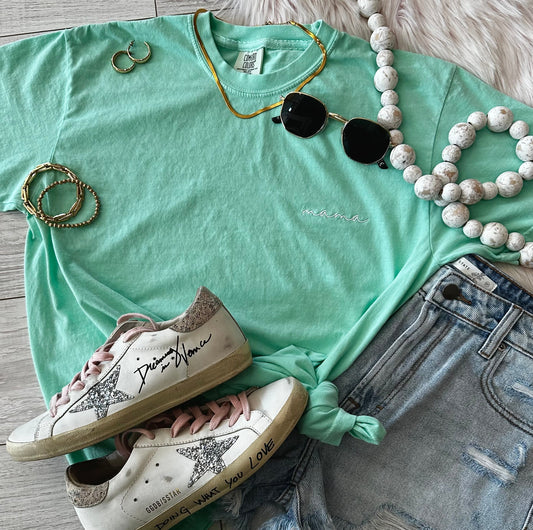 Mint Dainty Mama Embroidered Graphic Tee