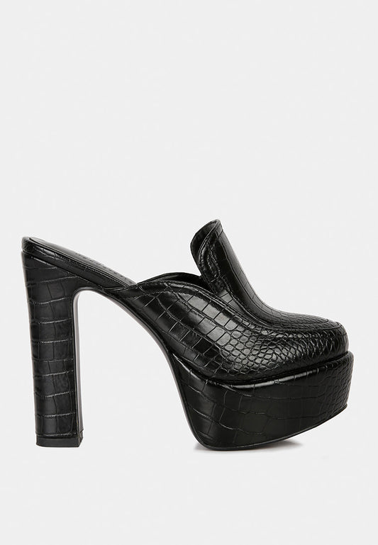 Bauhaus Croc Pattern Heeled Platform Mules