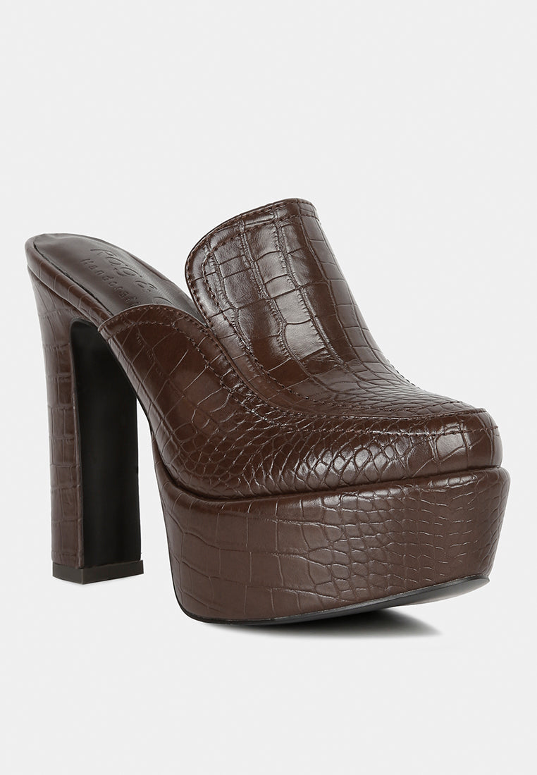 Bauhaus Croc Pattern Heeled Platform Mules