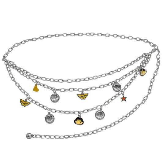 Metal Chain Belt - Silver Chain with Wonder Woman Chibi Face and Logo Charms