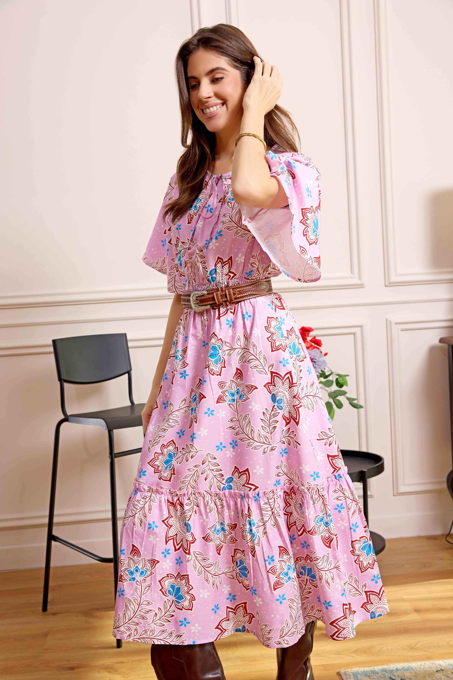 Bohera Floral Crest Midi Dress with Front Tie in Blush Pink