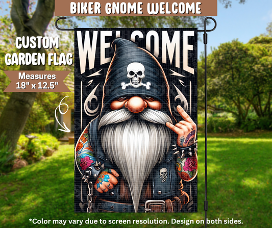 Biker Gnome Welcome Garden Flag