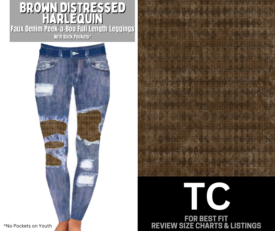 Brown Distressed Harlequin Faux Denim Full Length Peekaboo Leggings