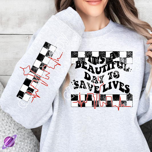 SAVE LIVES W/ SLEEVE PRINT CREWNECK SWEATSHIRT