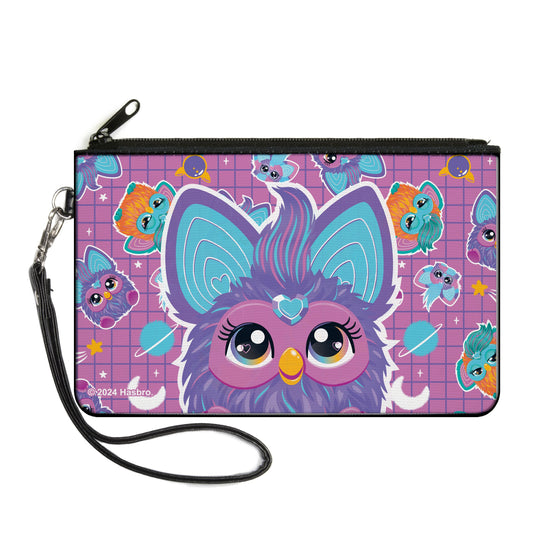 Canvas Zipper Wallet - LARGE - Furby Purple Excited Furby Pose and Icons Grid Collage Pink/Purple