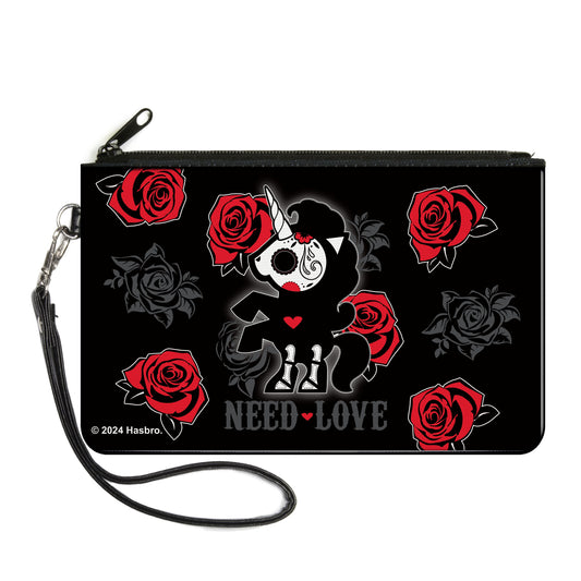 Canvas Zipper Wallet - LARGE - Skelanimals Bonita the Unicorn NEED LOVE Pose Black/Gray/Red/White