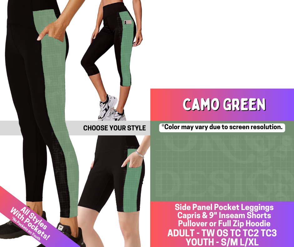 Preorder! Closes 3/25. ETA June. Camo Green Combo Side Panel Legging Lengths