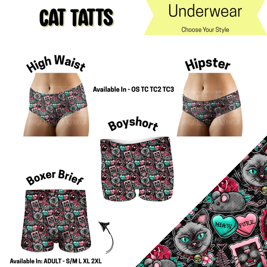 Preorder! Closes 5/14. ETA August. Cat Tatts Hipster, High Waist, & Boyshort Underwear & Boxer Briefs