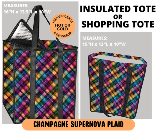 Preorder! Closes 6/29. ETA Sept. Champagne Supernova Plaid Shopping & Insulated Tote