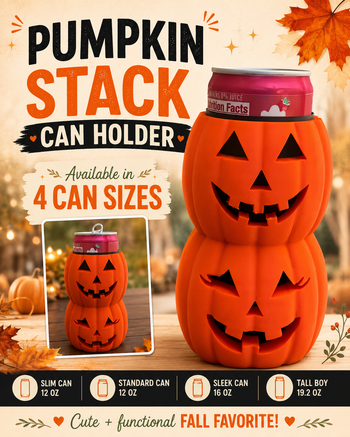 PUMPKIN STACK CAN HOLDER-4 SIZES AVAILABLE- 3D PRINTED