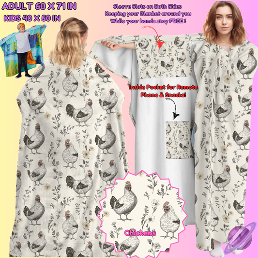 WEARABLE THROW RUN-CHICKENS-PREORDER CLOSING 8/31-  ETA LATE NOV./EARLY DEC.