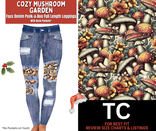 Cozy Mushroom Garden Faux Denim Full Length Peekaboo Leggings