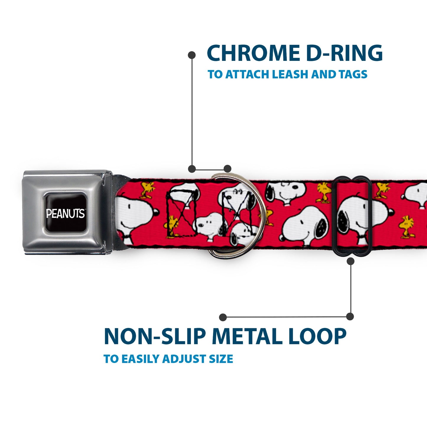 PEANUTS Title Logo Full Color Black/White Seatbelt Buckle Collar - Peanuts Snoopy and Woodstock Poses Scattered Red