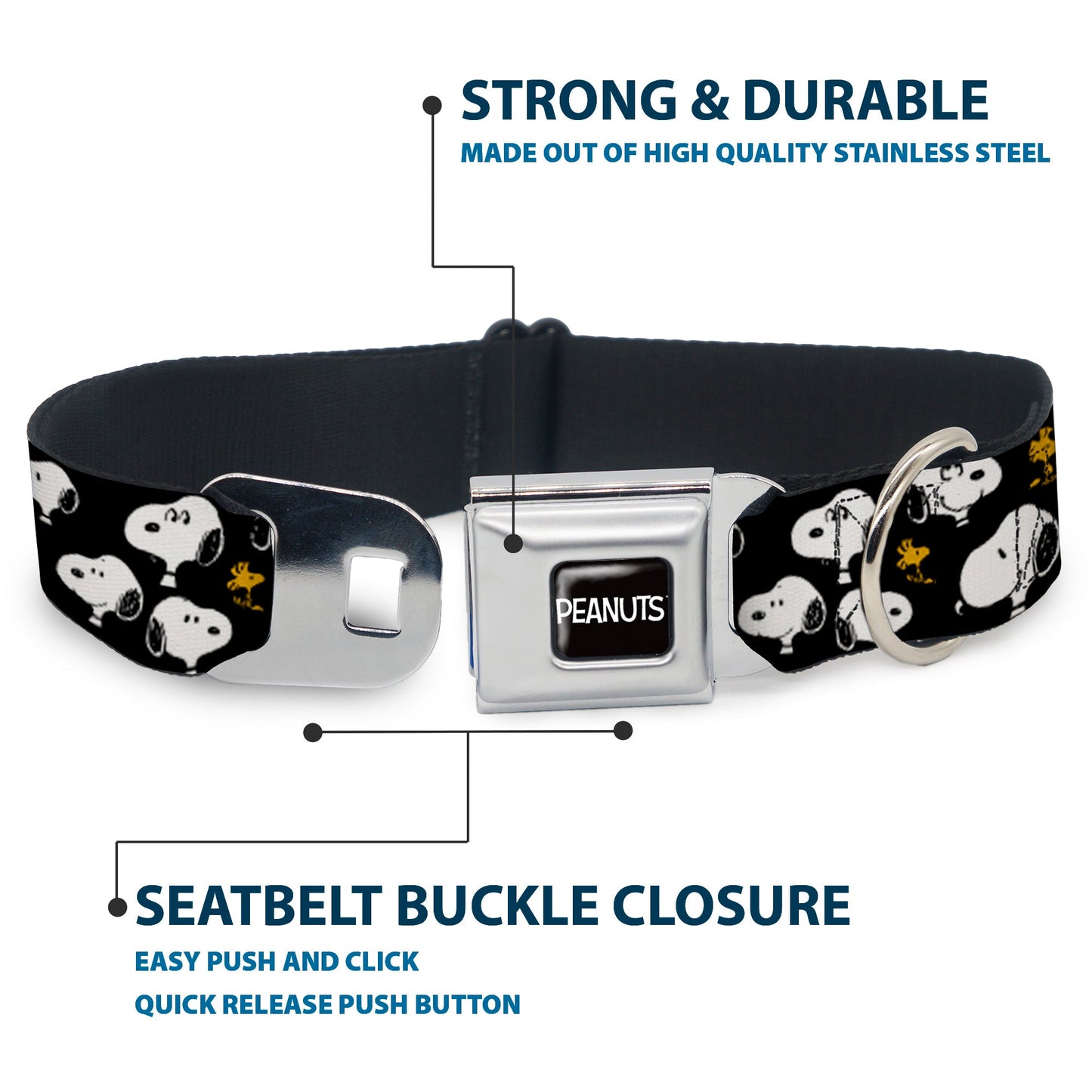 PEANUTS Title Logo Full Color Black/White Seatbelt Buckle Collar - Peanuts Snoopy and Woodstock Poses Scattered Black
