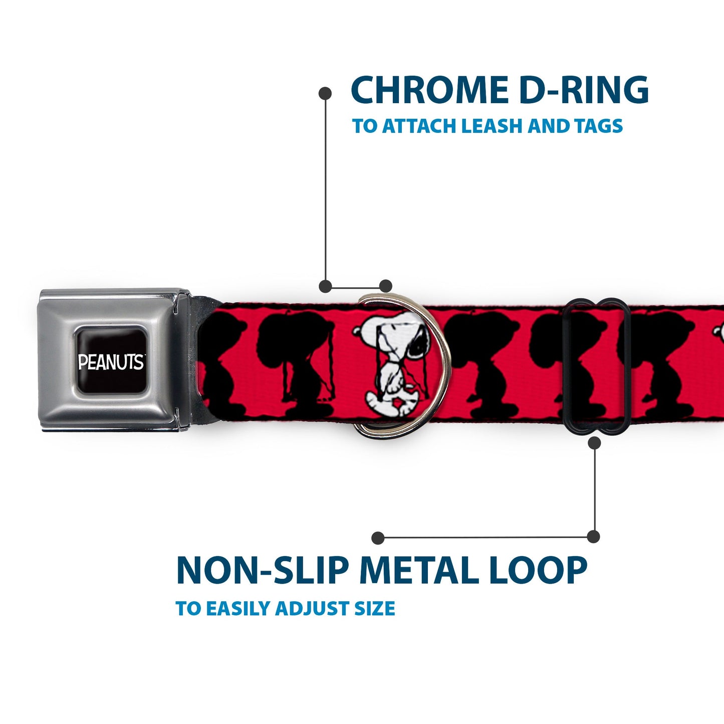 PEANUTS Title Logo Full Color Black/White Seatbelt Buckle Collar - Peanuts Snoopy Walking/Silhouette Pose Red/Black/White