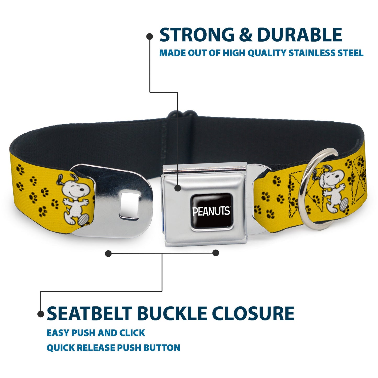 PEANUTS Title Logo Full Color Black/White Seatbelt Buckle Collar - Peanuts Snoopy Smiling Pose/Paw Print Yellow/Black/White