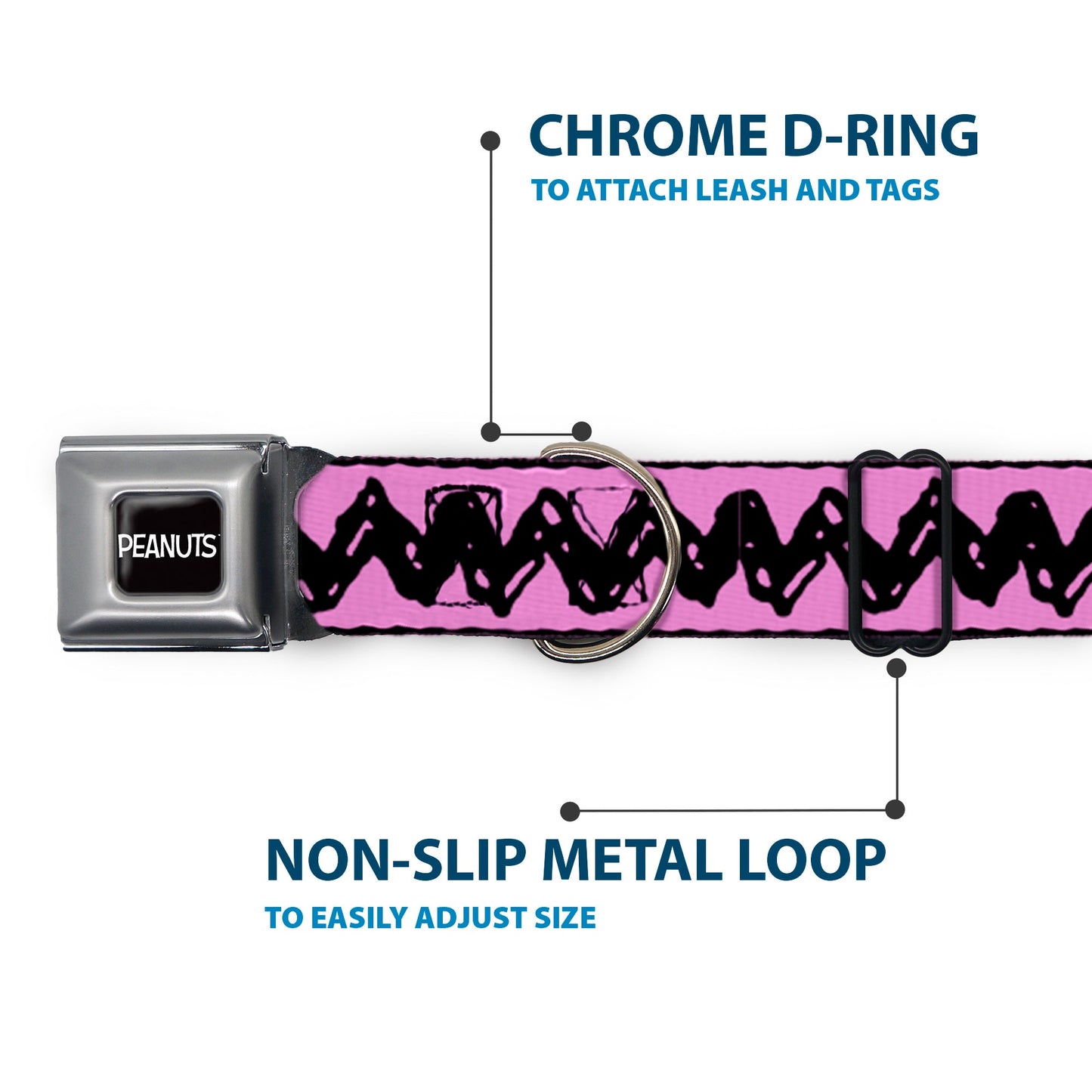PEANUTS Title Logo Full Color Black/White Seatbelt Buckle Collar - Peanuts Charlie Brown Zig Zag Stripe Pink/Black