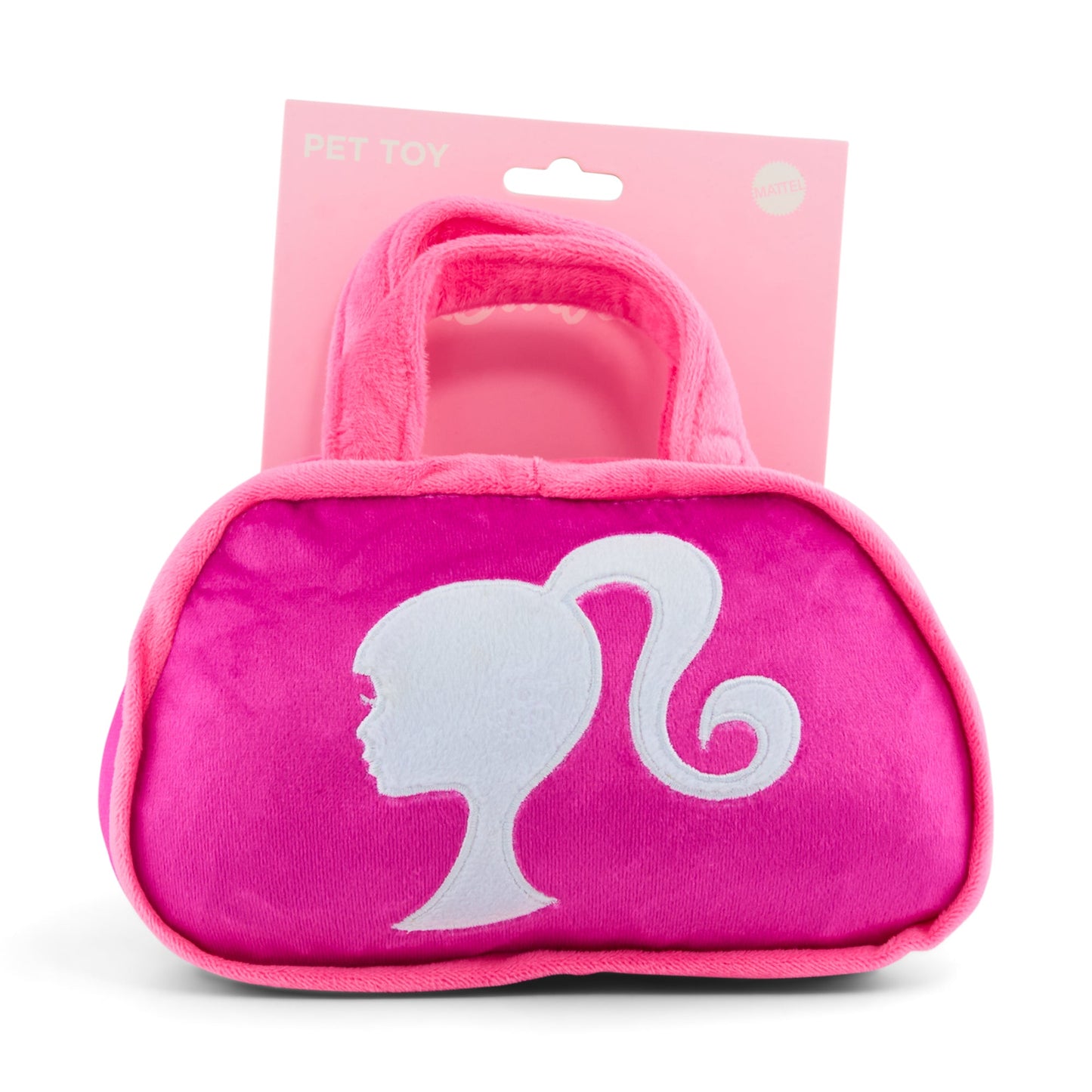 Dog Toy Squeaker Plush - Barbie Silhouette and Autograph Script Handbag Replica Pink/White